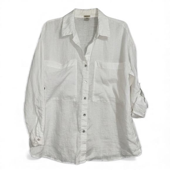 Megachoni White Linen Button Down Shirt Relaxed Fit Roll Tab Sleeve Size S - Picture 3 of 7